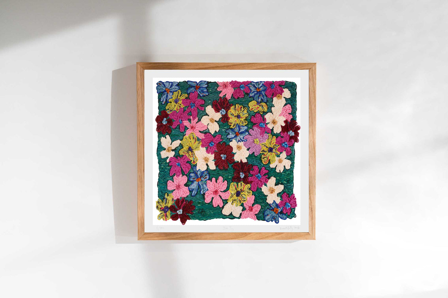 Vibrant floral embroidered artwork, bursting with colour and texture. Joyful artwork for my home.