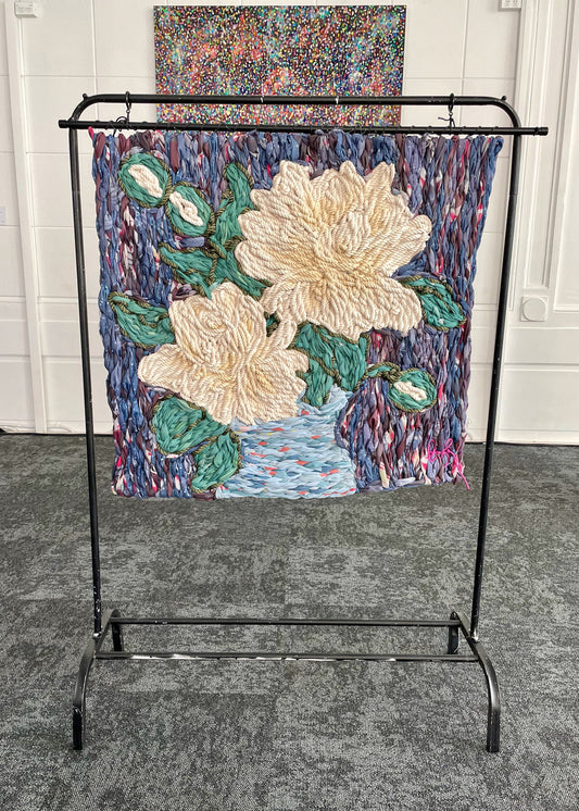 Roses fibre artwork, textural wall hanging artwork has been handmade here in Auckland from recycled materials, artwork that celebrates the wonder of colour and joy.